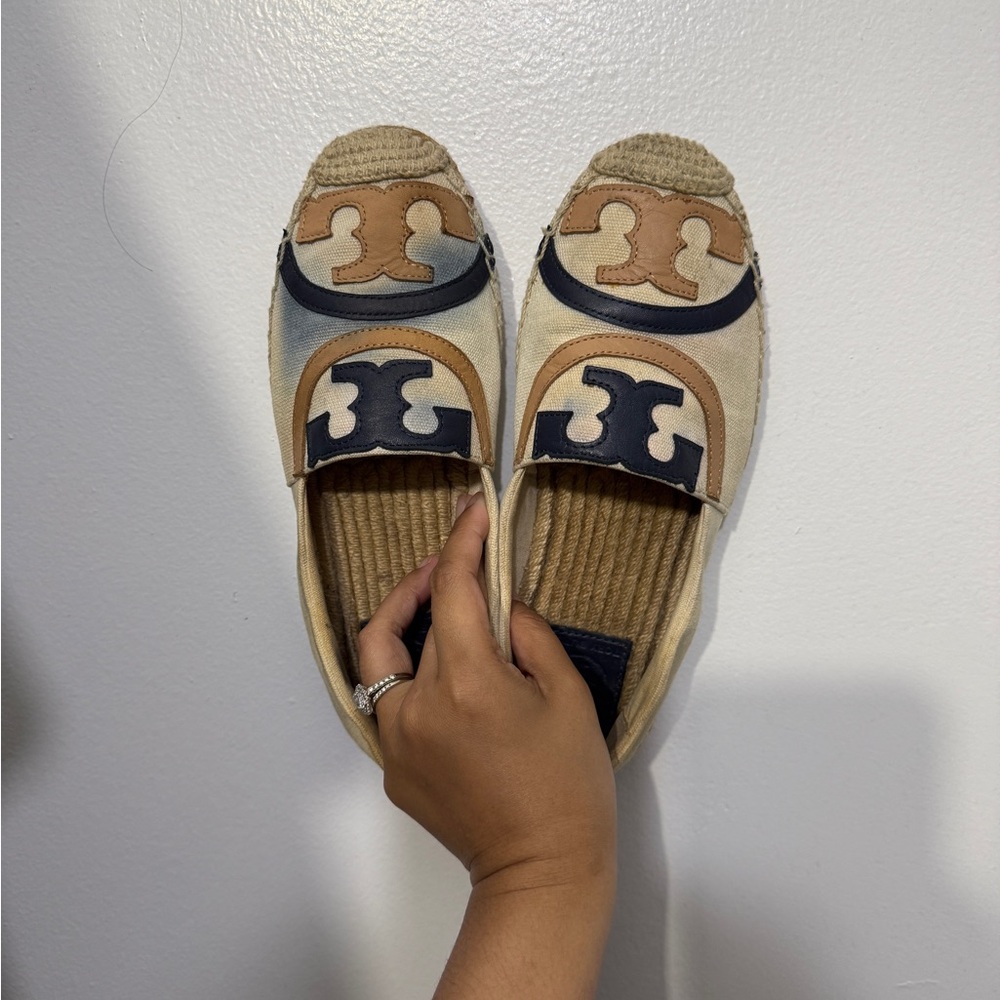 Tory Burch Tan and Navy Espadrilles